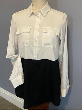 Calvin Klein Black & White Colorblock V-Neck Button-Front Tunic size XS